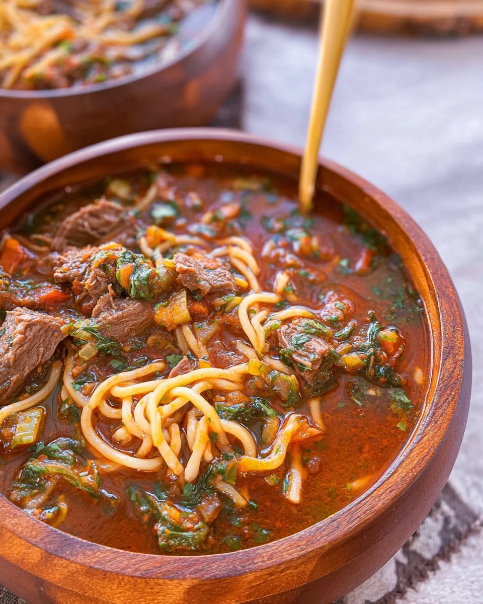 Birria Soup with Vegetables and Noodles