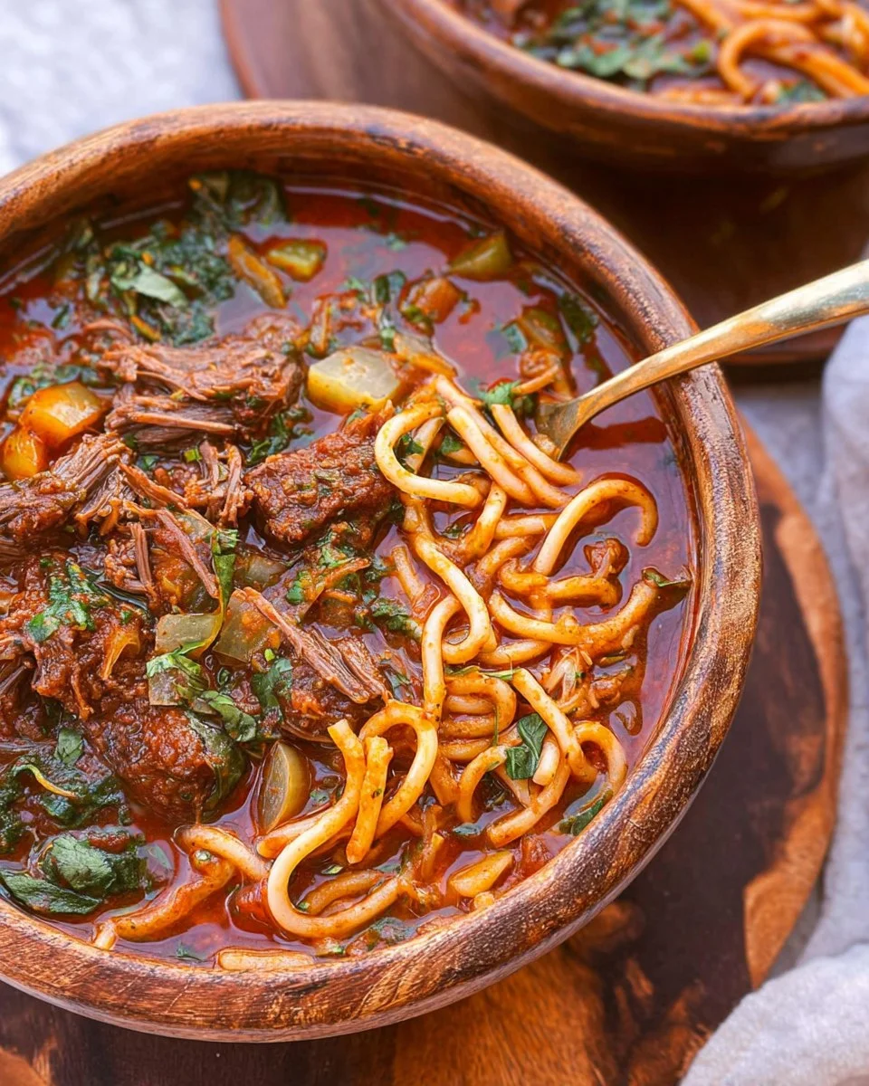 Birria Soup with Vegetables and Noodles