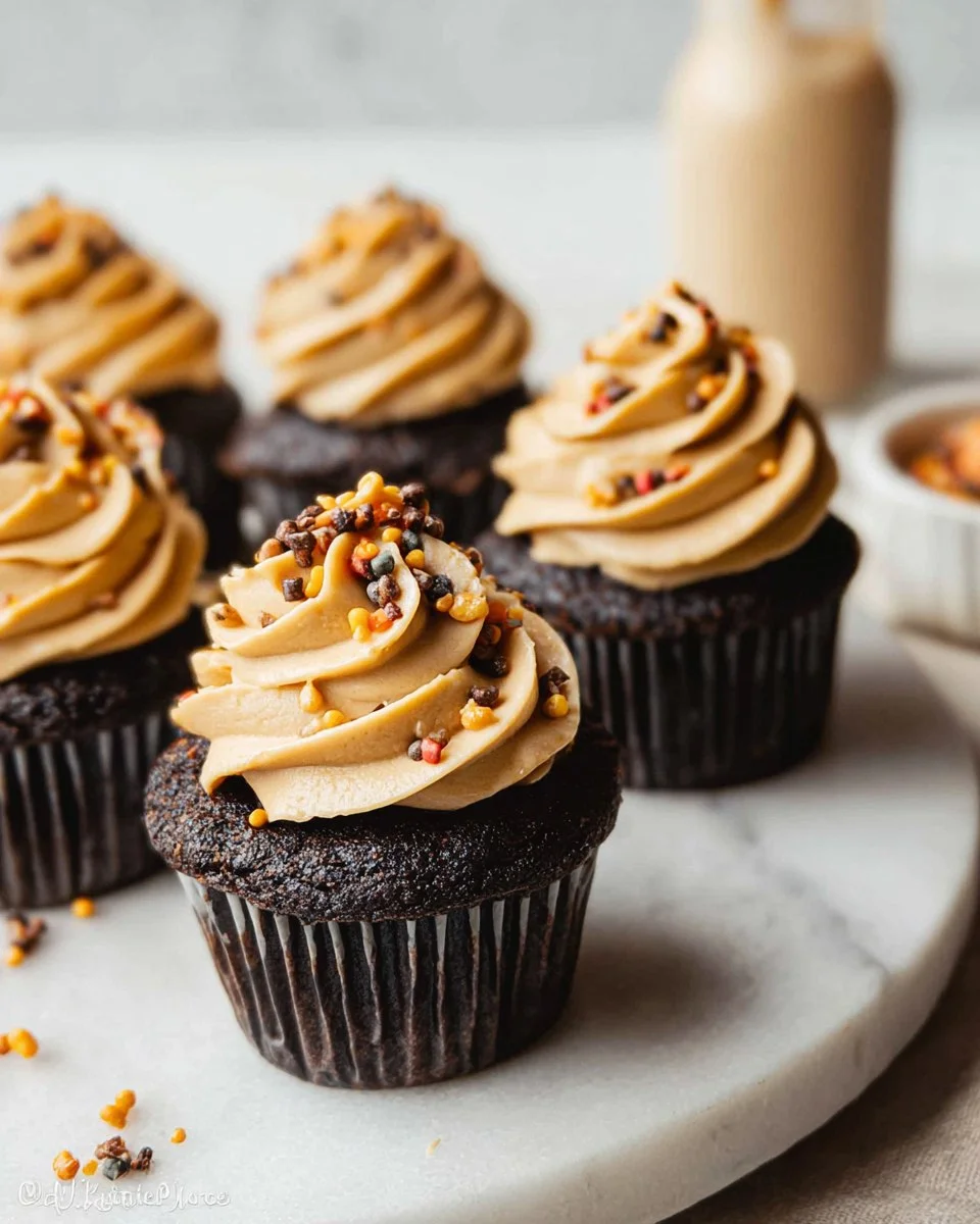 Dark Chocolate Cupcakes with Creamy Peanut Butter Frosting