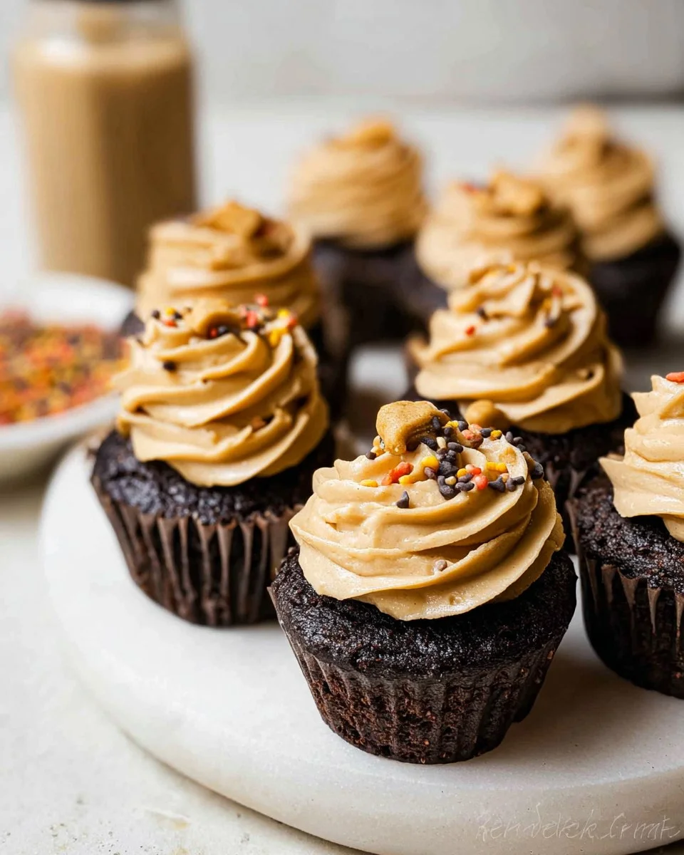 Dark Chocolate Cupcakes with Creamy Peanut Butter Frosting