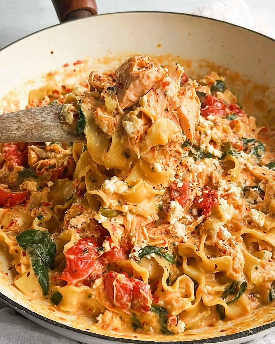 Feta Tomato Pasta with Salmon