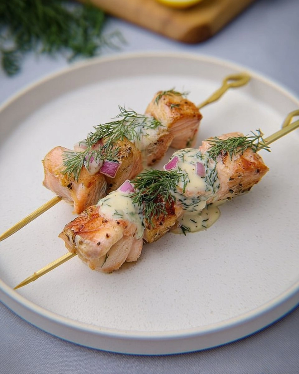 Bite Sized Salmon Skewers with Dill Sauce