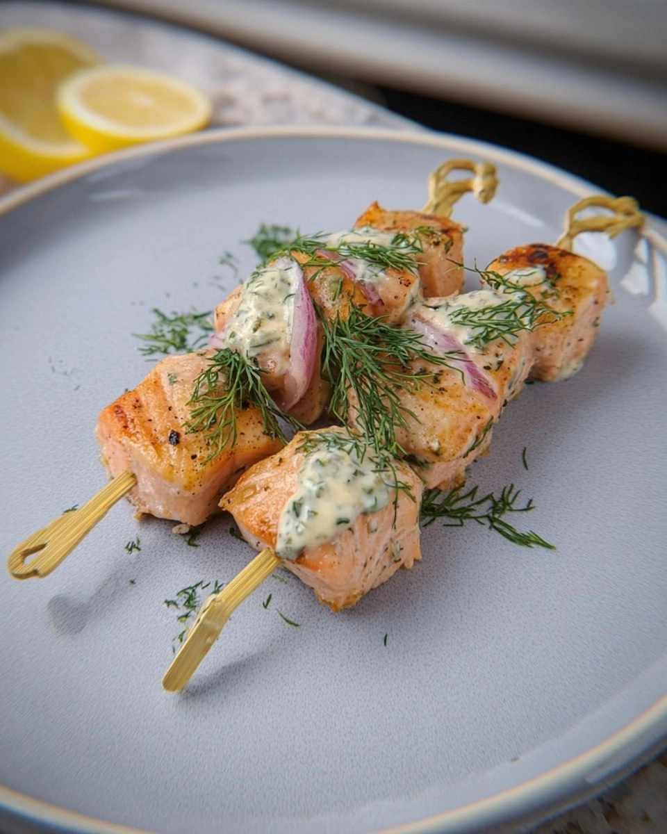 Bite Sized Salmon Skewers with Dill Sauce