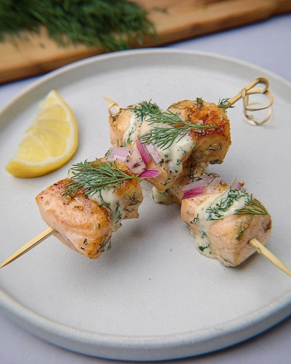 Bite Sized Salmon Skewers with Dill Sauce