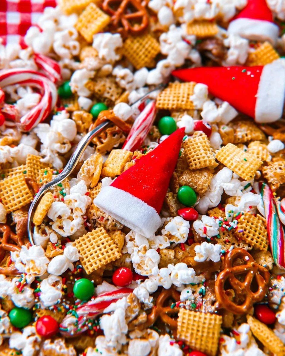 Festive Christmas Snack Mix with Popcorn, Chex, and Santa Hats