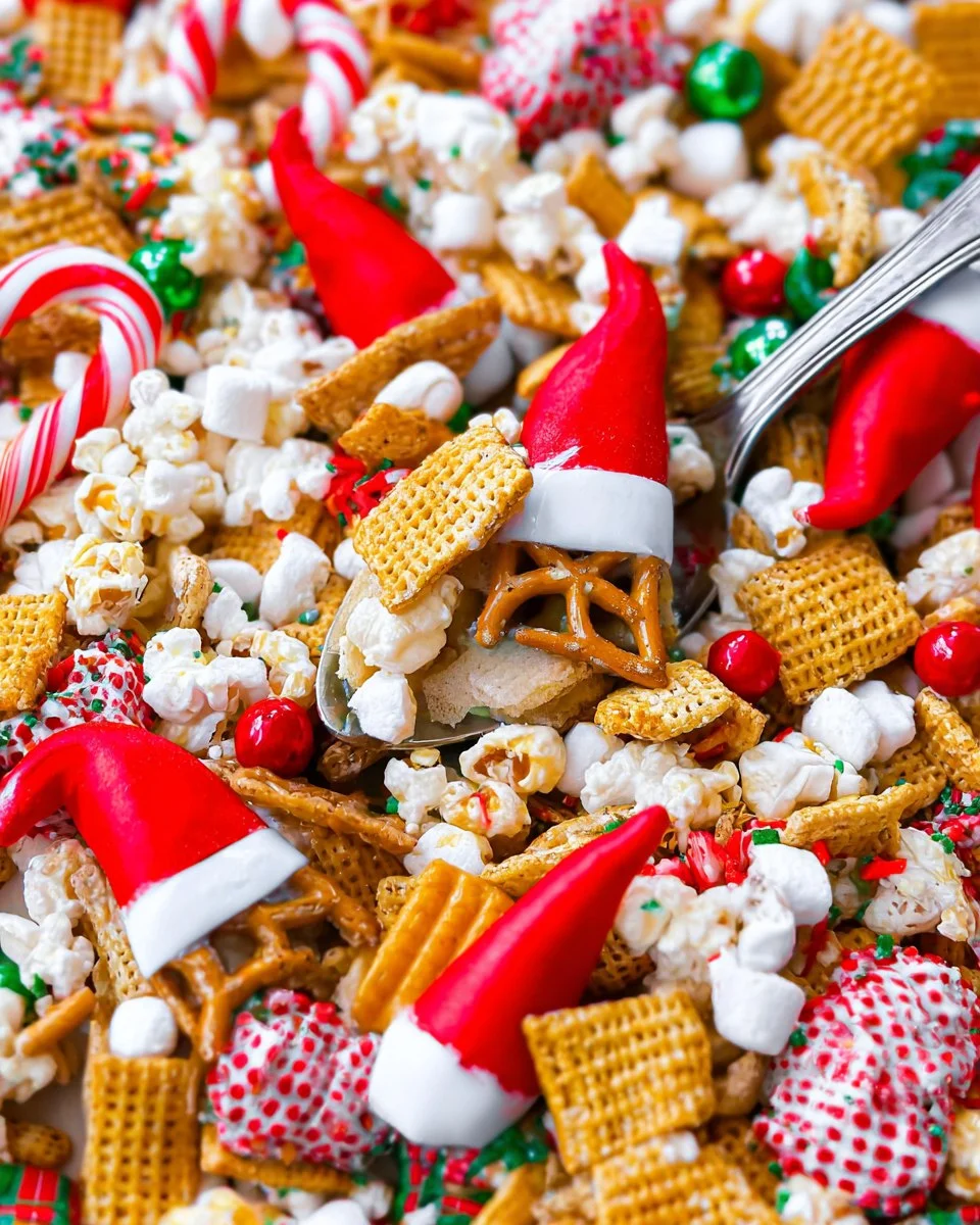 Festive Christmas Snack Mix with Popcorn, Chex, and Santa Hats