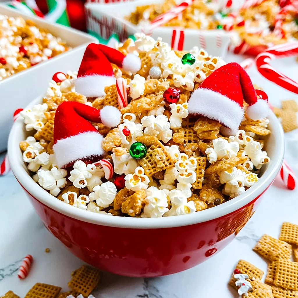 Festive Christmas Snack Mix with Popcorn, Chex, and Santa Hats