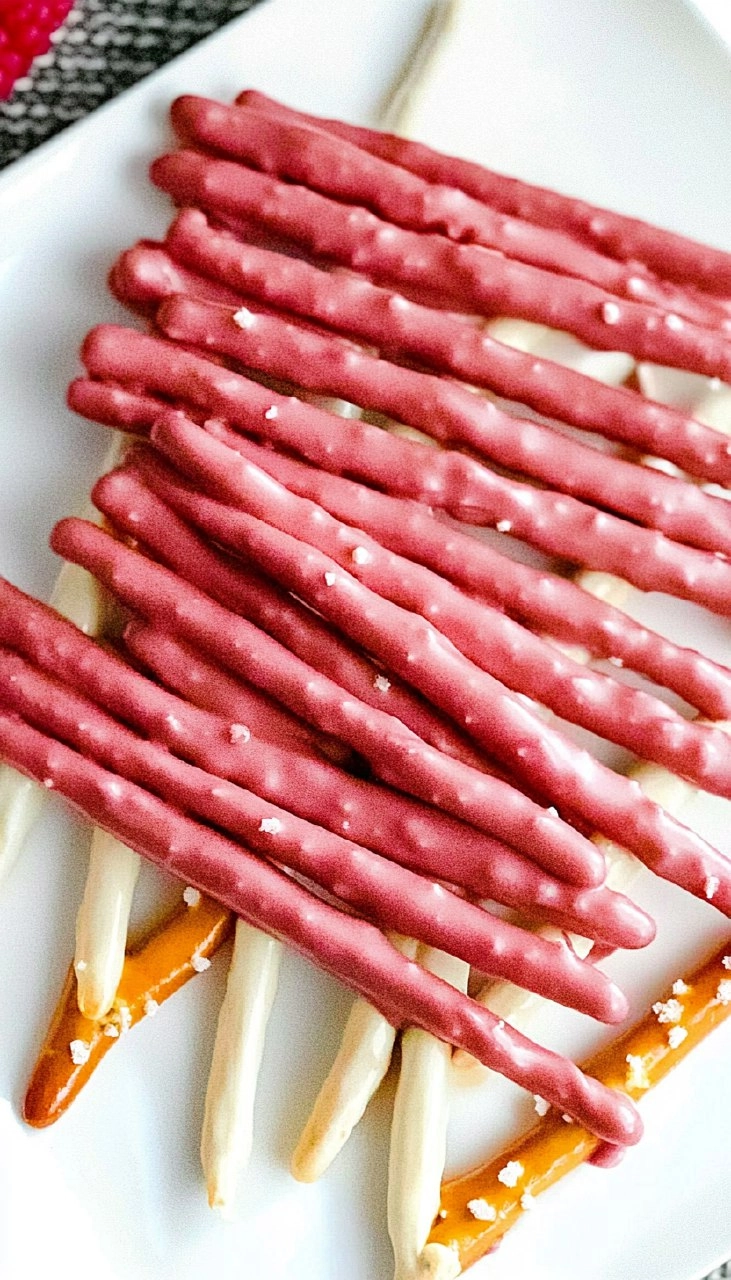 Raspberry White Chocolate Covered Pretzel Sticks