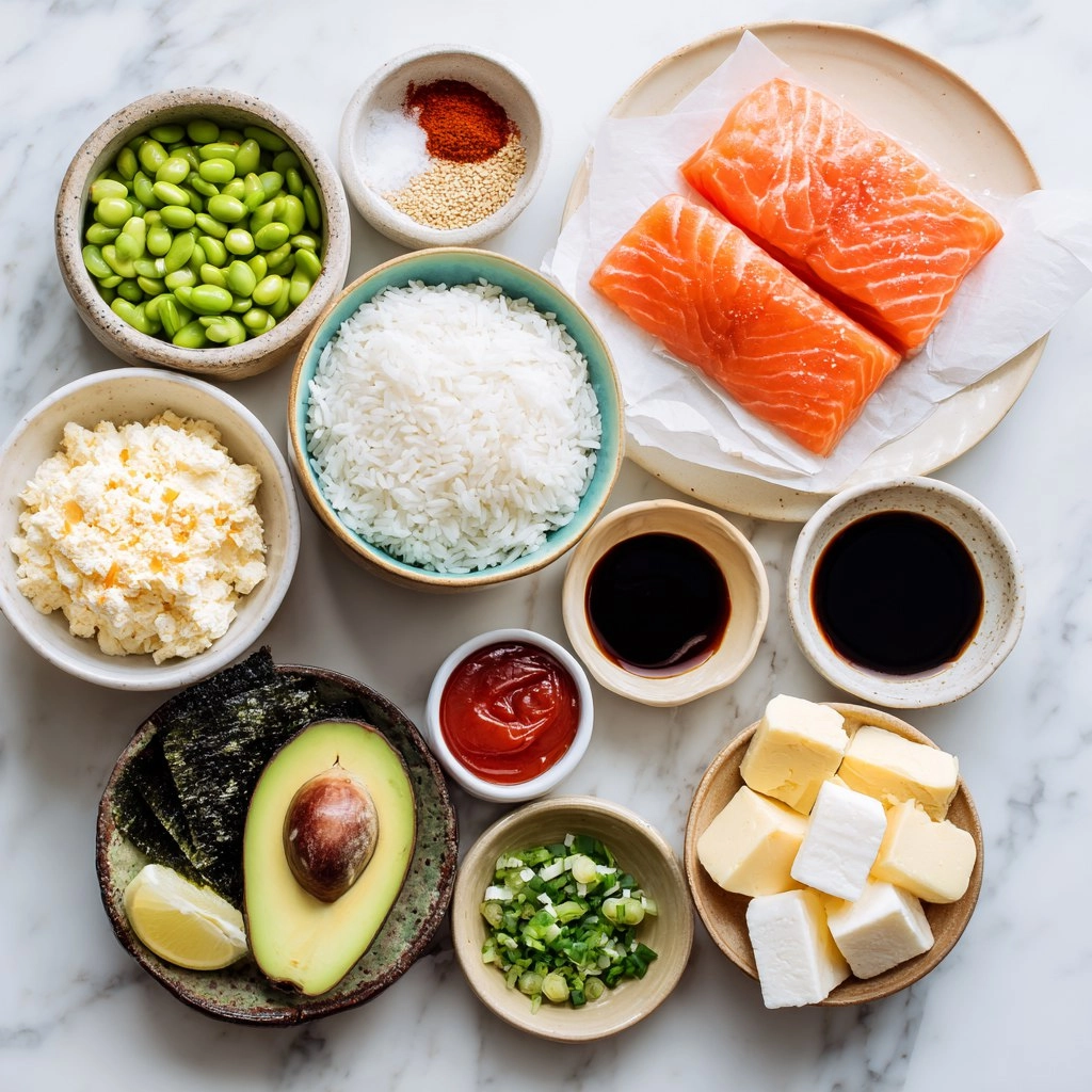 Salmon Sushi Bake with Spicy Edamame